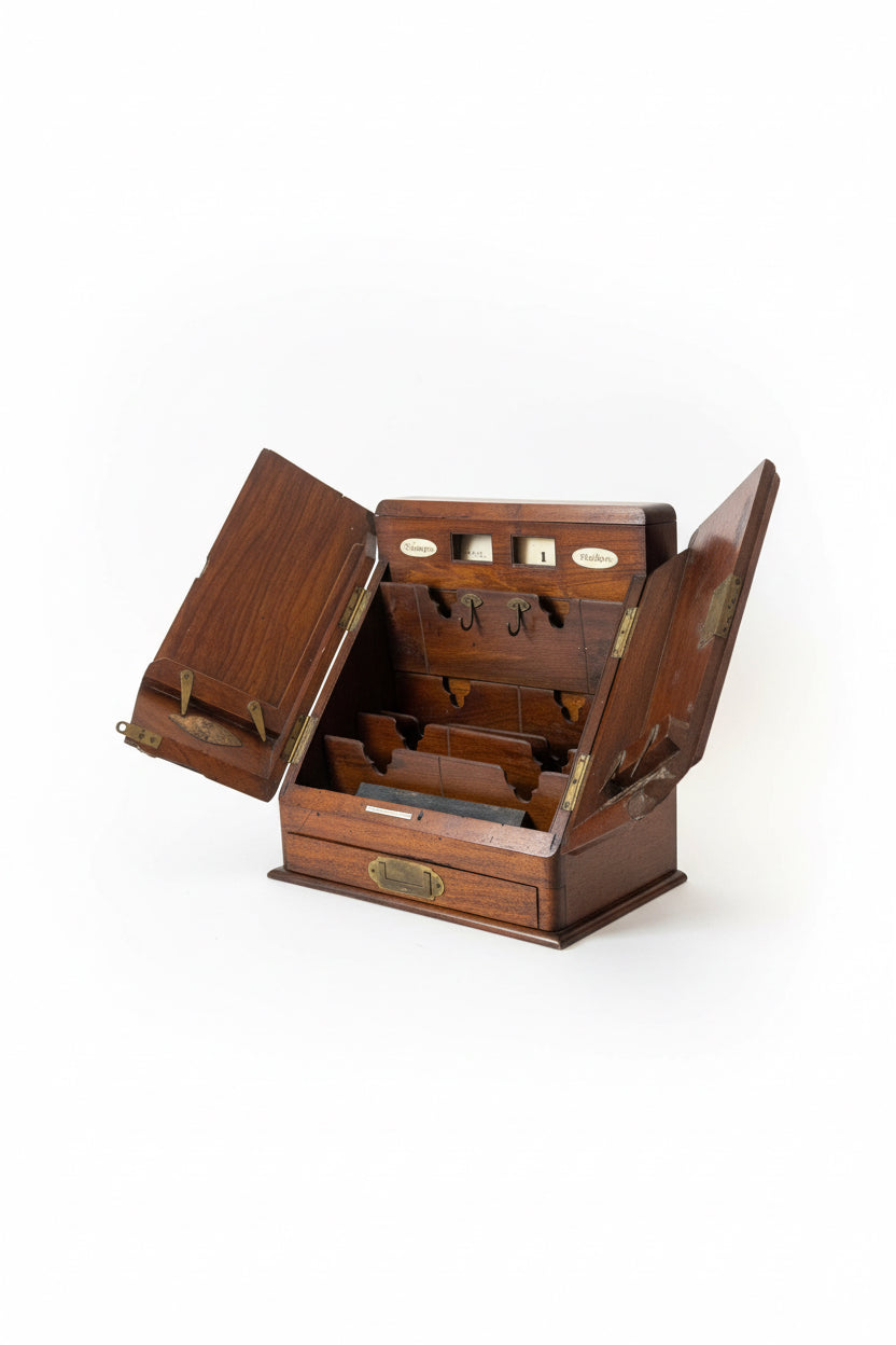 Boîte à papeterie ancienne en noyer, un objet de bureau imposant, début du XIXe siècle.
