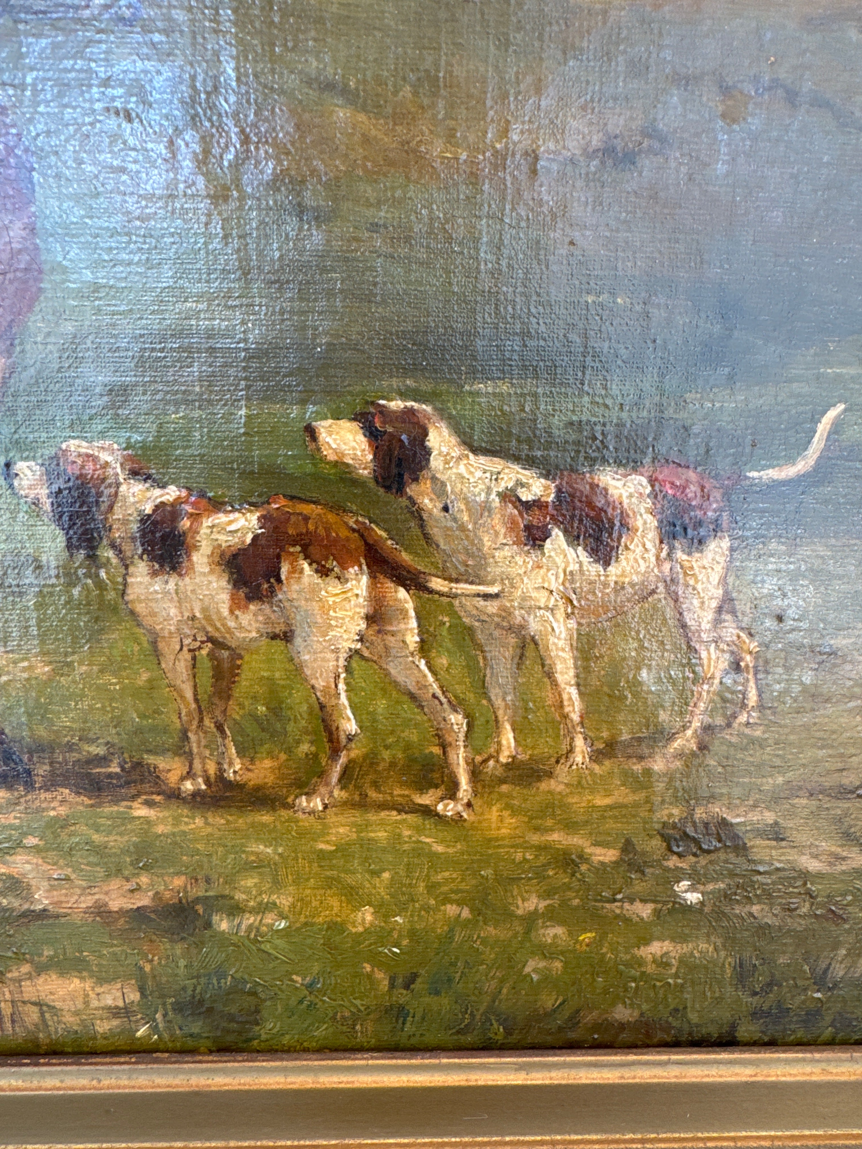 Huile sur toile vintage, cheval et chien de chasse