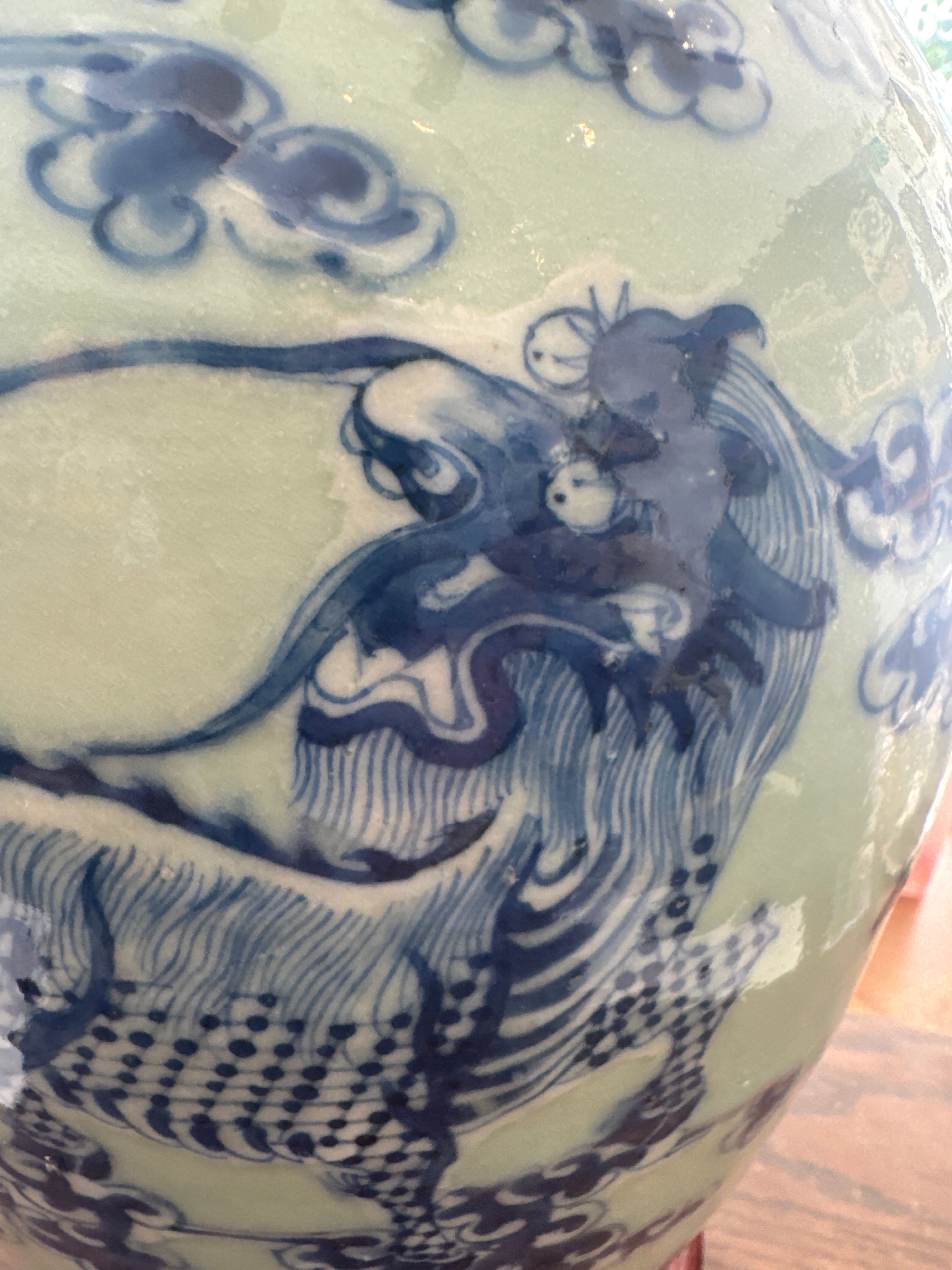 Antique Chinese Blue and White Celadon Porcelain Vase
