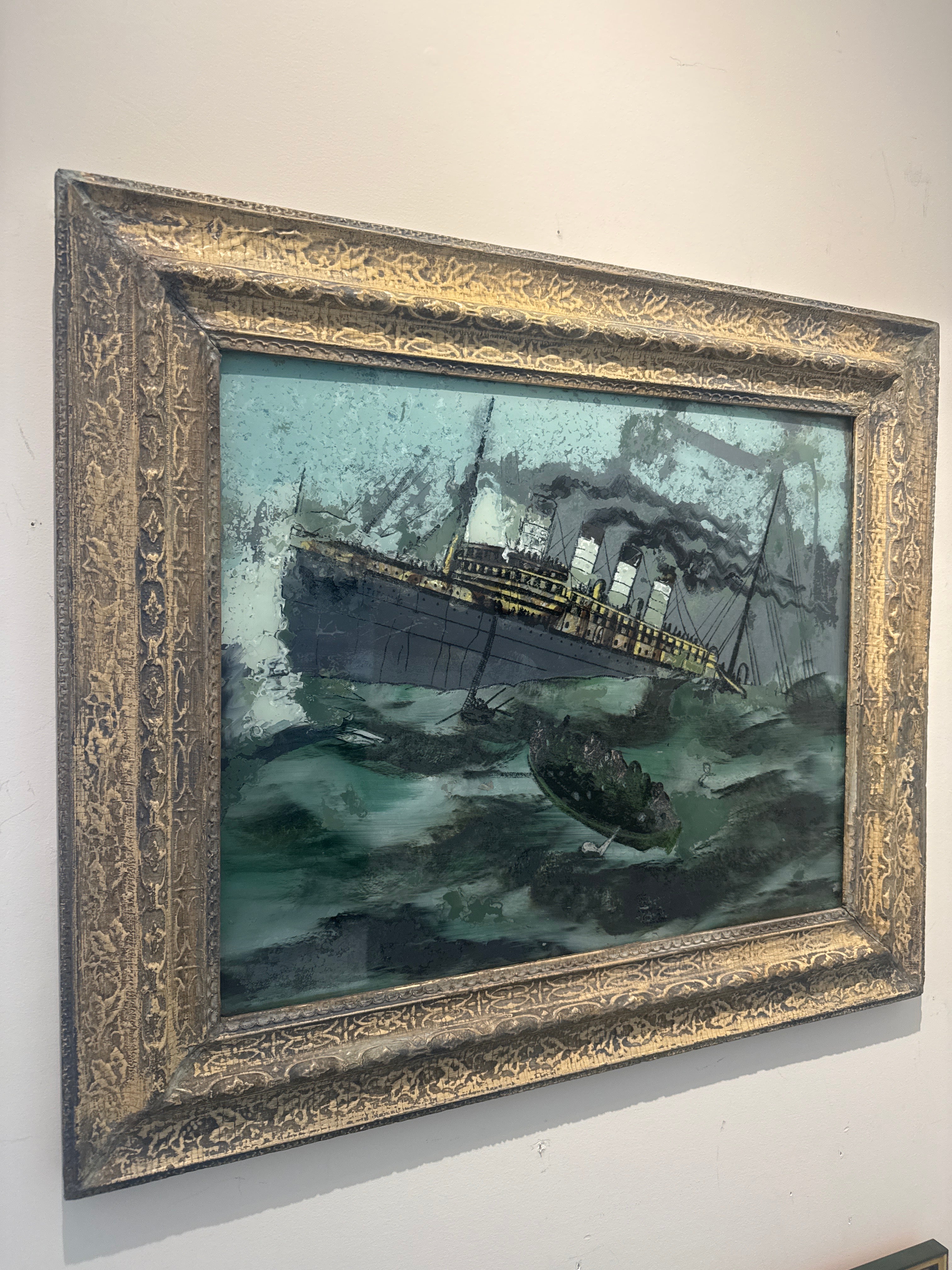 Peinture inversée ancienne du Titanic sur verre