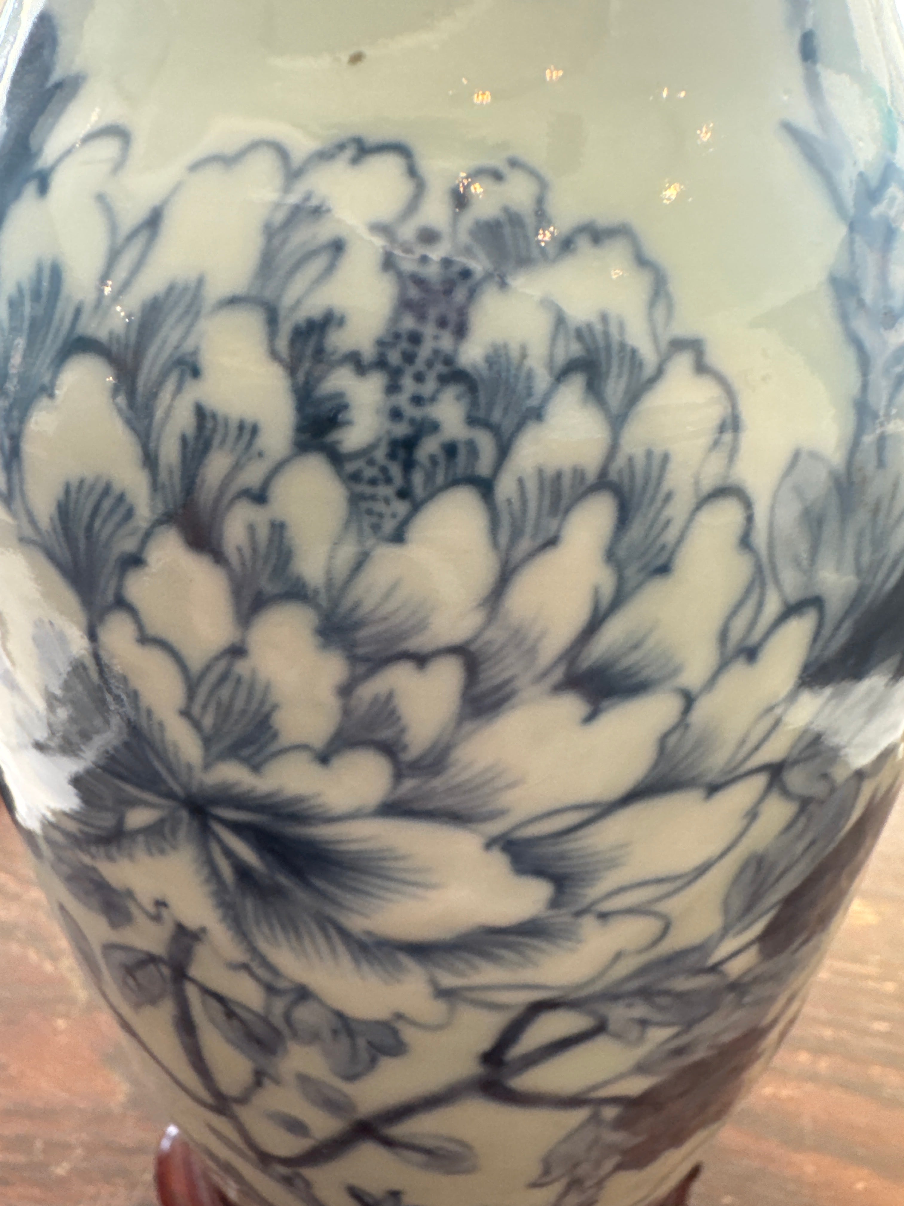 Blue and White Celadon Porcelain Peony Vase