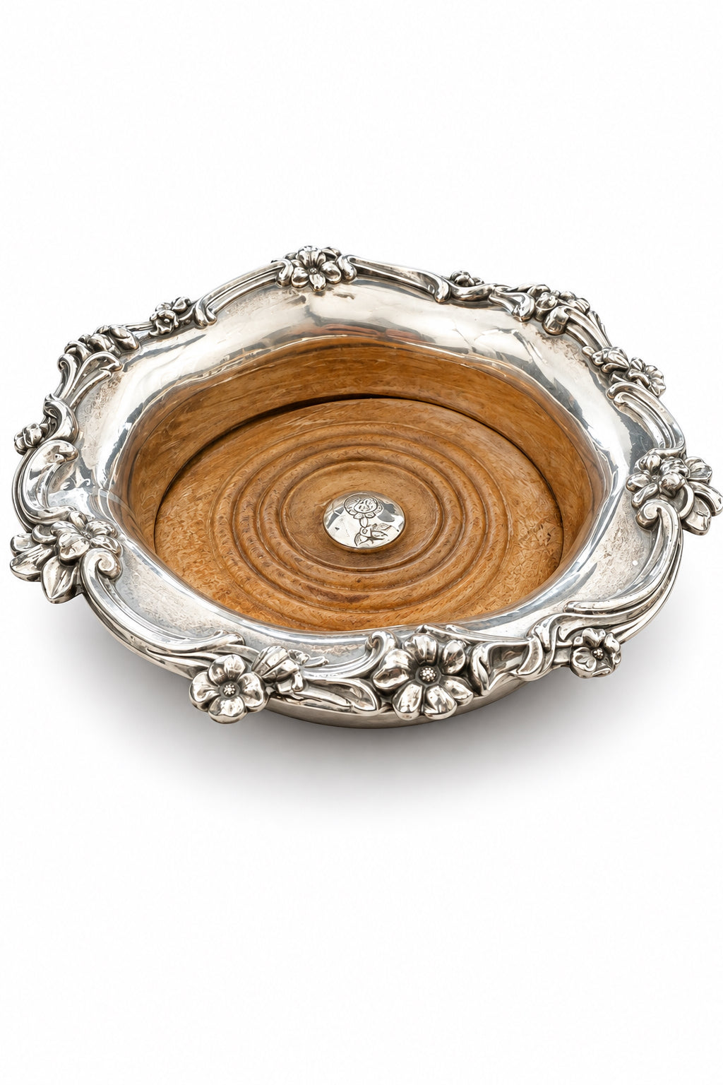 Vintage Silver-Plated and Wood Wine Bottle Coaster