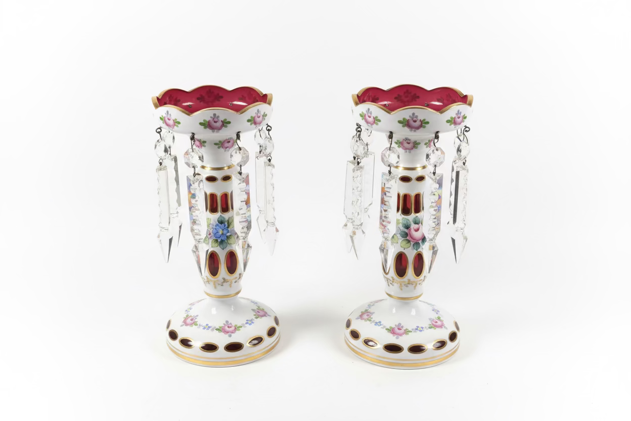 Paire de lustres antiques en verre canneberge