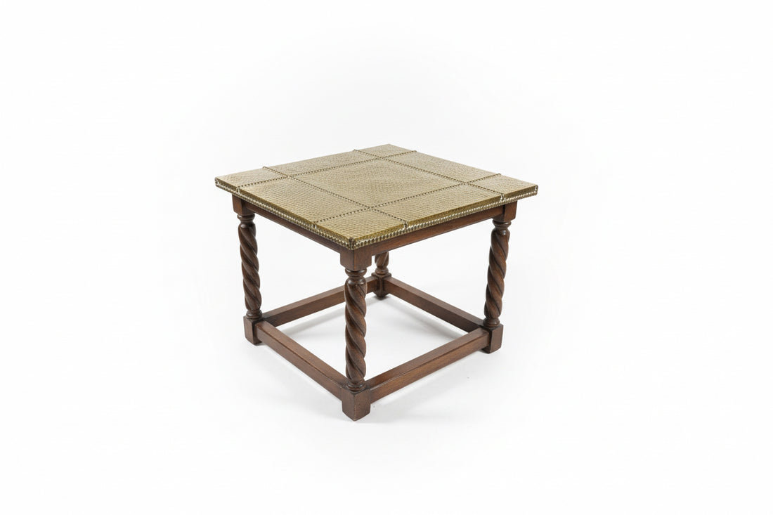 Pair of Vintage Hammered Brass and Wood Occasional Tables