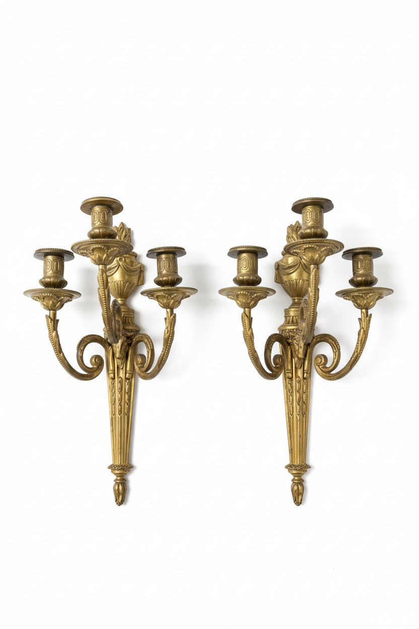 Vintage Louis XVI style gilded bronze wall sconce featuring a ram&
