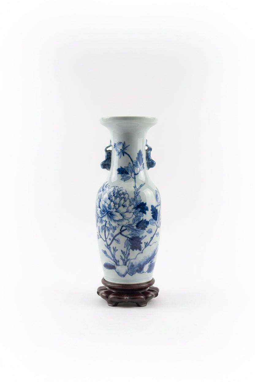 Blue and White Celadon Porcelain Peony Vase