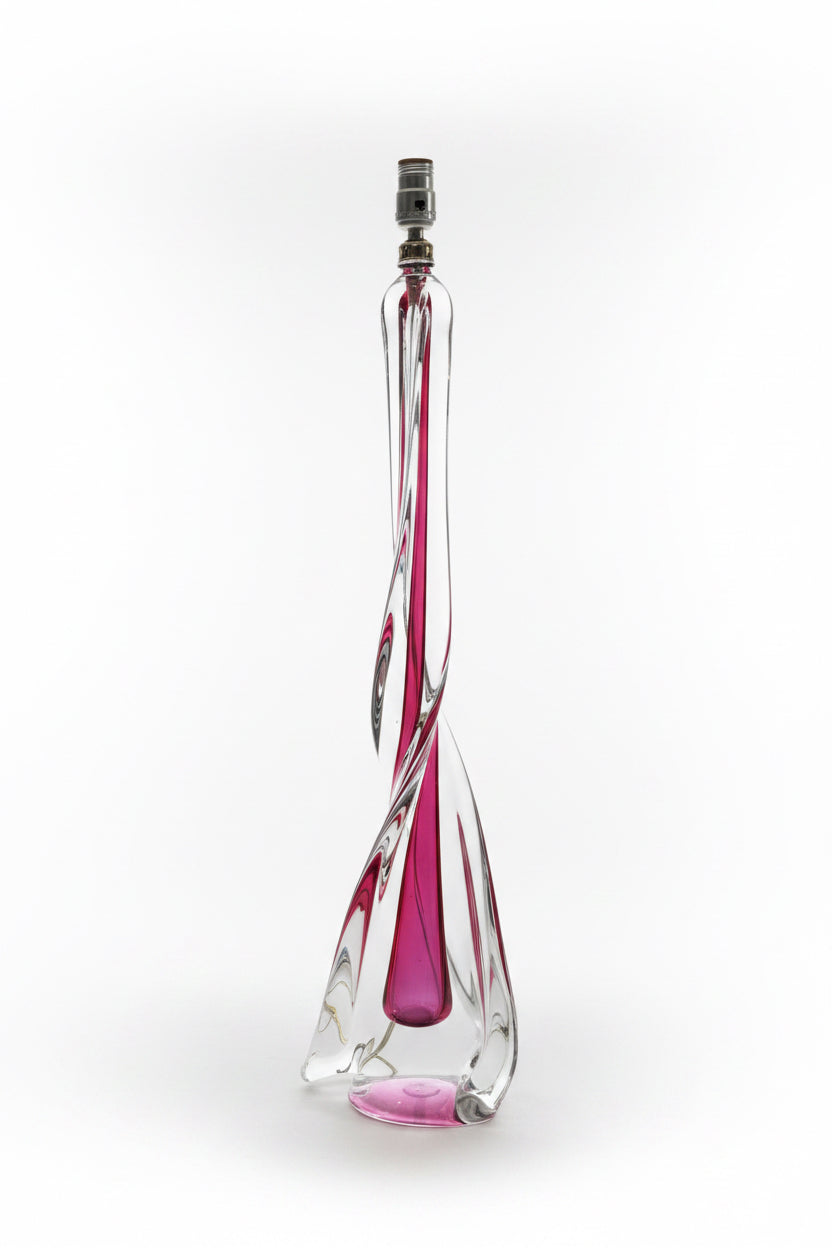 Pair 1950s Belgium Val St Lambert pink &amp; clear twisted crystal glass lamp base with shades.