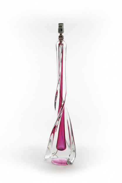 Pair 1950s Belgium Val St Lambert pink &amp; clear twisted crystal glass lamp base with shades.