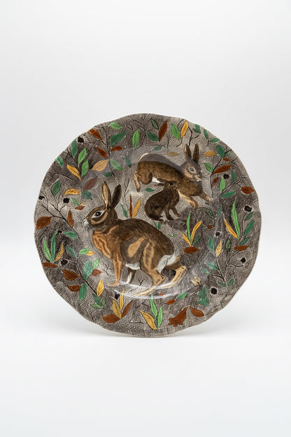 Hand-painted Gien Rambouillet plate, Bertholle Gien old plate, hunting plate with rabbit