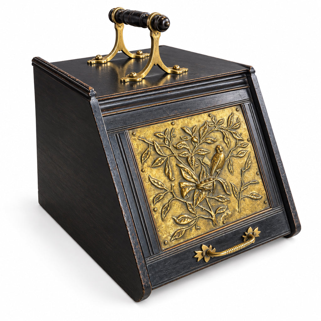 Victorian Antique Ebonized Wood Brass Coal Scuttle 1880s.