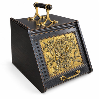 Victorian Antique Ebonized Wood Brass Coal Scuttle 1880s.