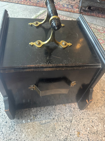 Victorian Antique Ebonized Wood Brass Coal Scuttle 1880s.
