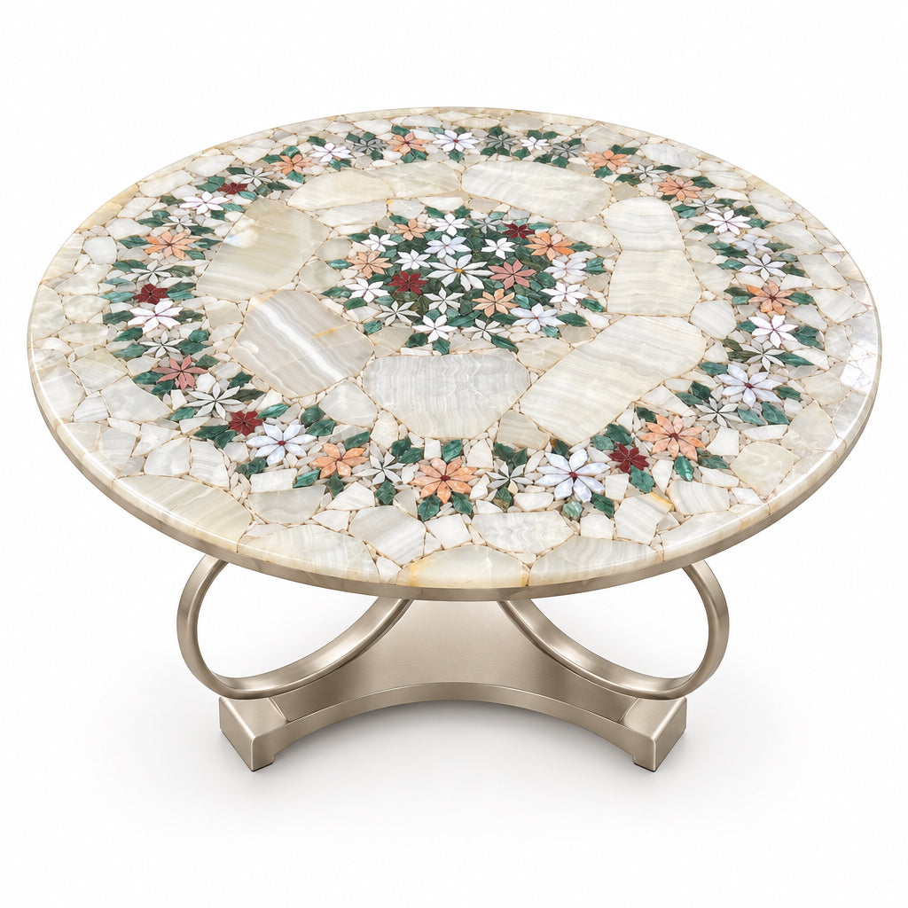 Vintage Brass Parrot Table with Floral Mosaic Top