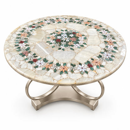 Vintage Brass Parrot Table with Floral Mosaic Top