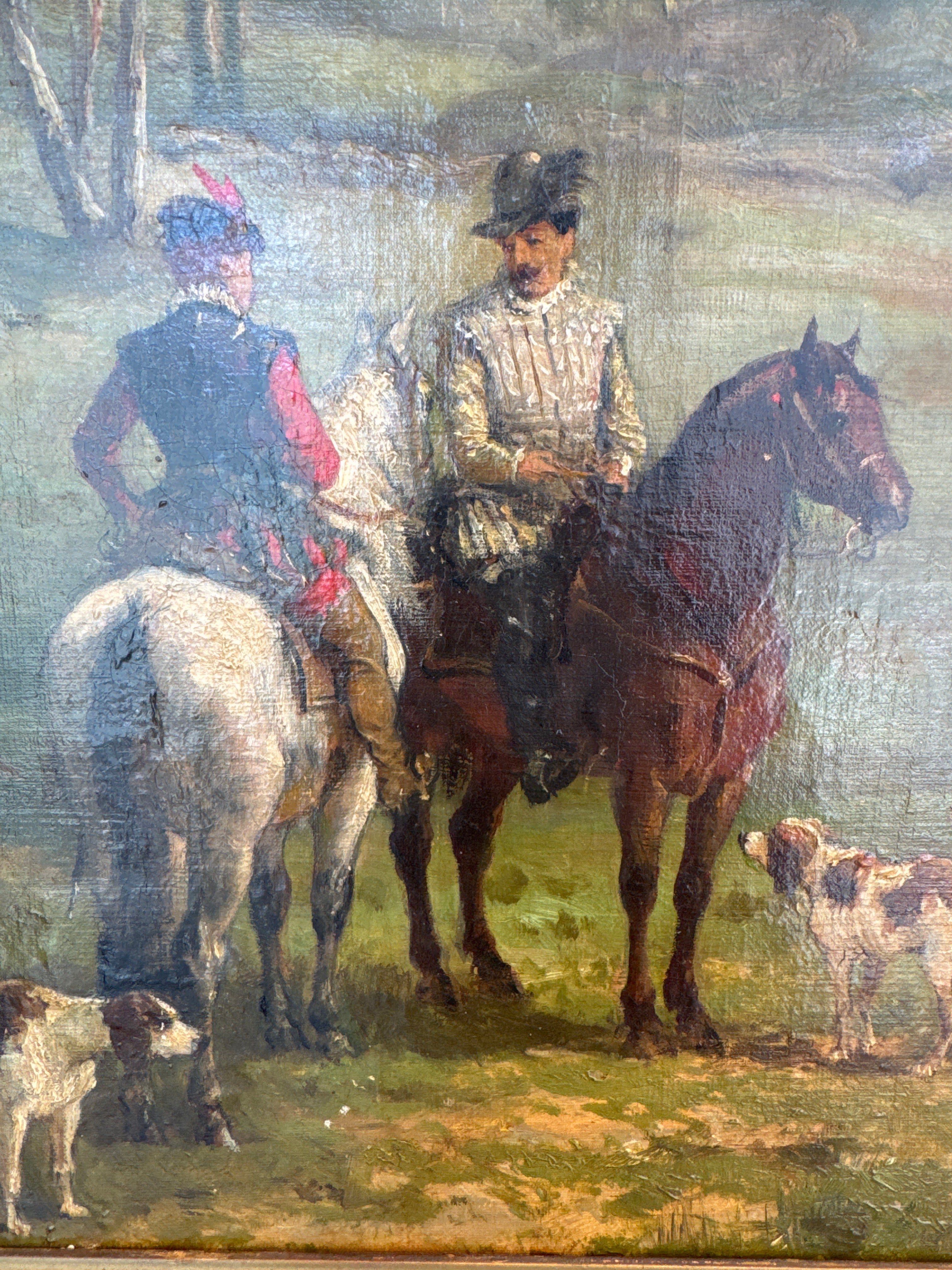 Huile sur toile vintage, cheval et chien de chasse