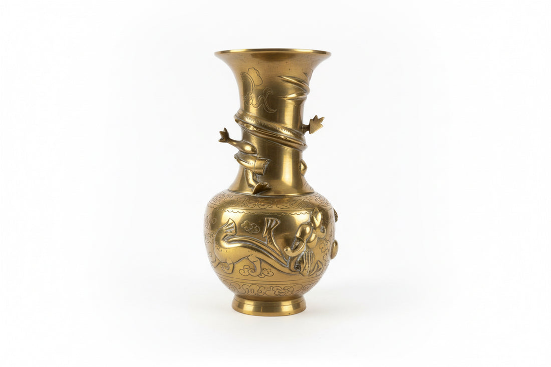 Vintage Brass Chinese Dragon Vase. Top dragon has missing head.