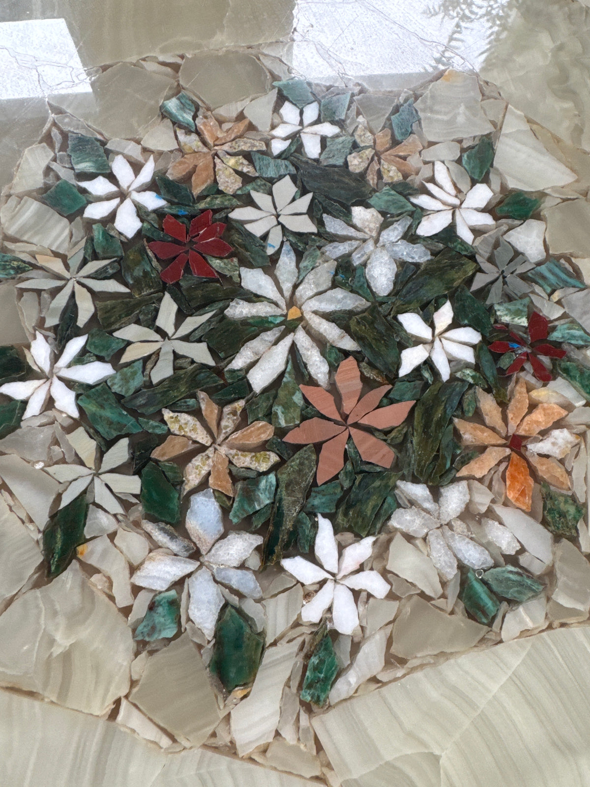 Vintage Brass Parrot Table with Floral Mosaic Top