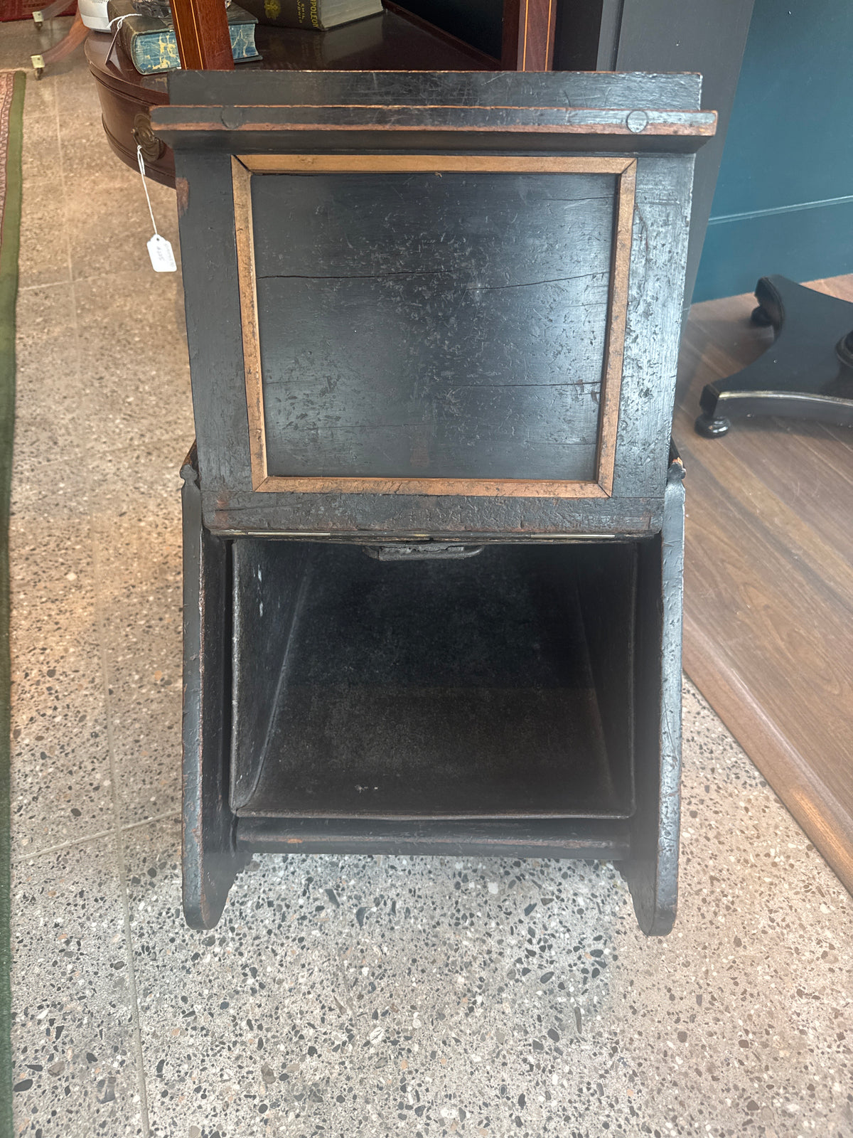 Victorian Antique Ebonized Wood Brass Coal Scuttle 1880s.