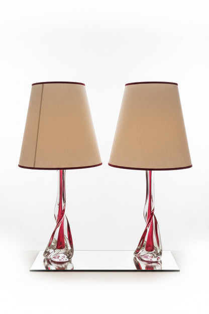 Pair 1950s Belgium Val St Lambert pink &amp; clear twisted crystal glass lamp base with shades.