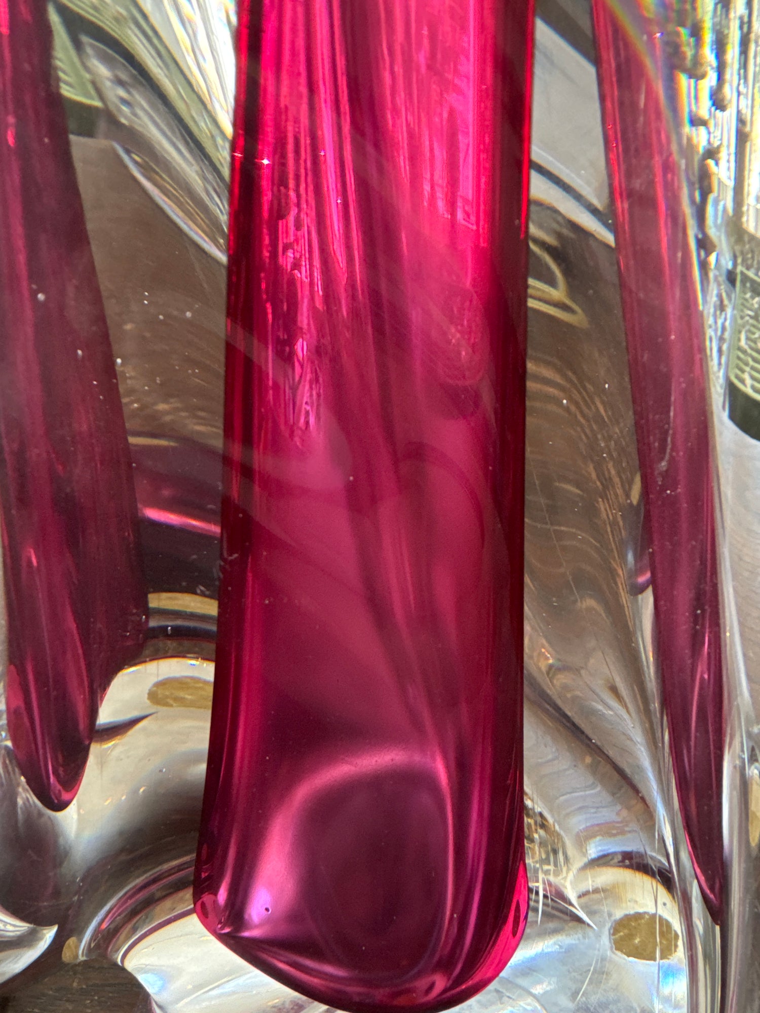Pair 1950s Belgium Val St Lambert pink &amp; clear twisted crystal glass lamp base with shades.