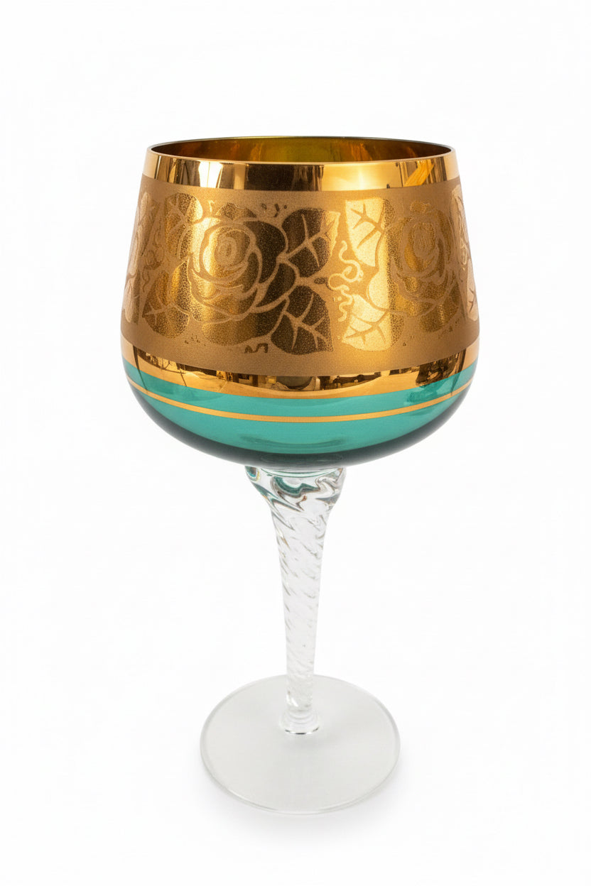 Verre à vin émaillé peint à la main, vintage de Bohême/Tchèque, or sur bleu cobalt, vert et rouge