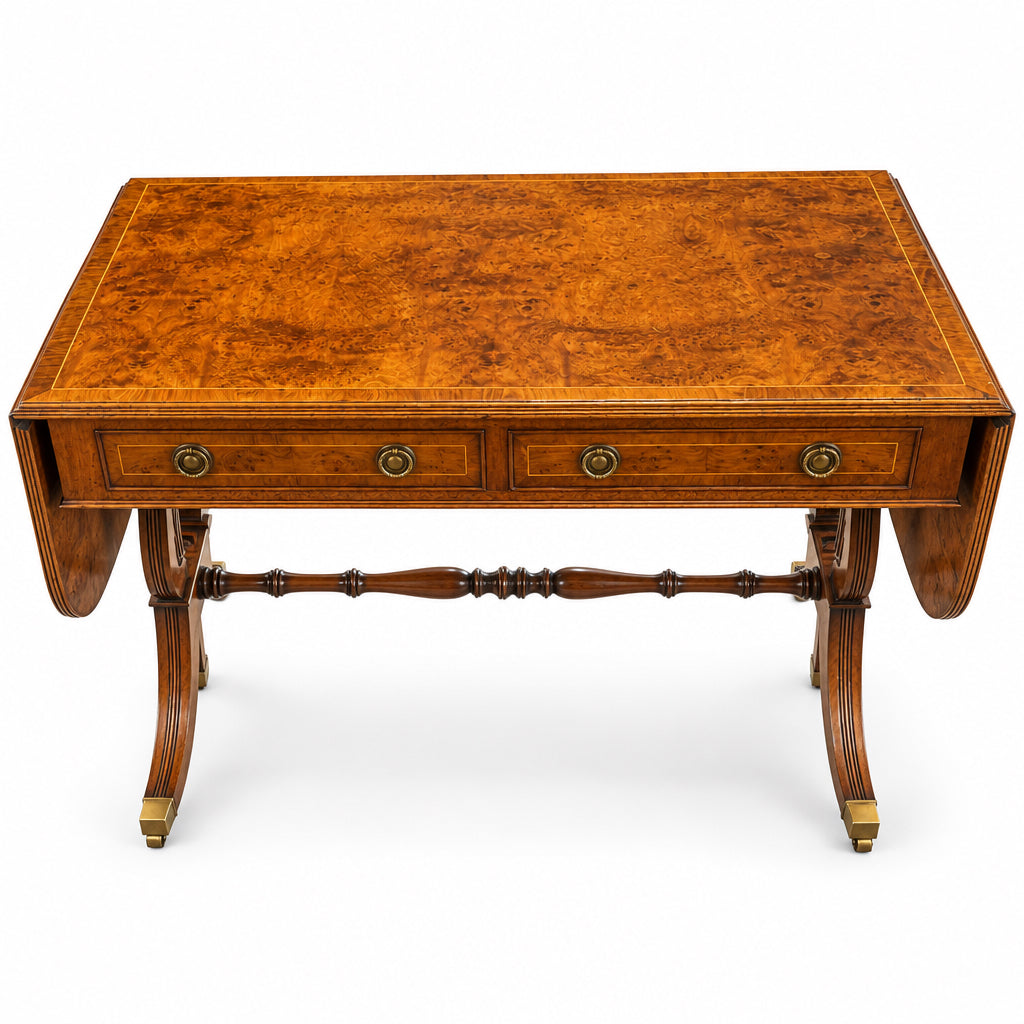 Regency-Style Burr Walnut Drop-Leaf Sofa Table