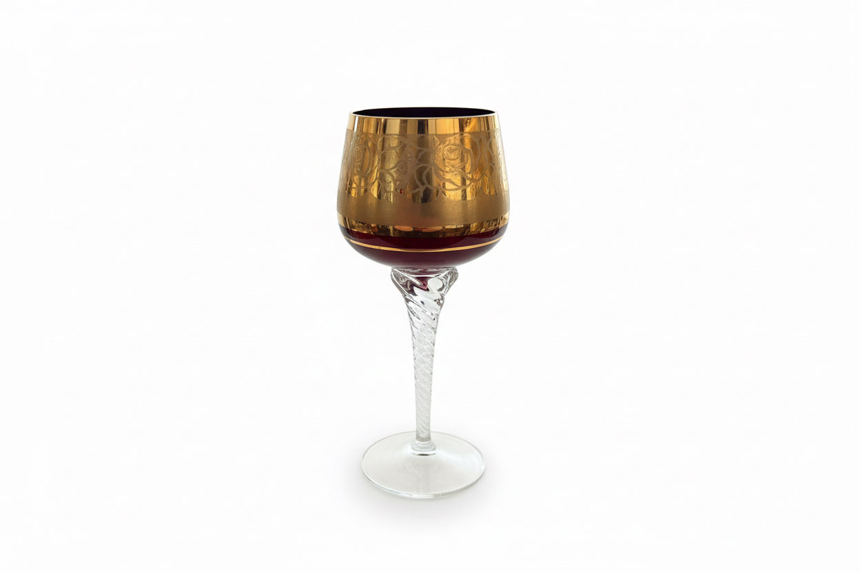Verre à vin émaillé peint à la main, vintage de Bohême/Tchèque, or sur bleu cobalt, vert et rouge