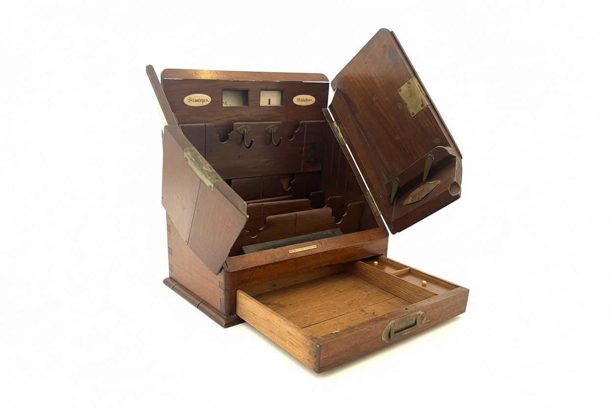 Boîte à papeterie ancienne en noyer, un objet de bureau imposant, début du XIXe siècle.