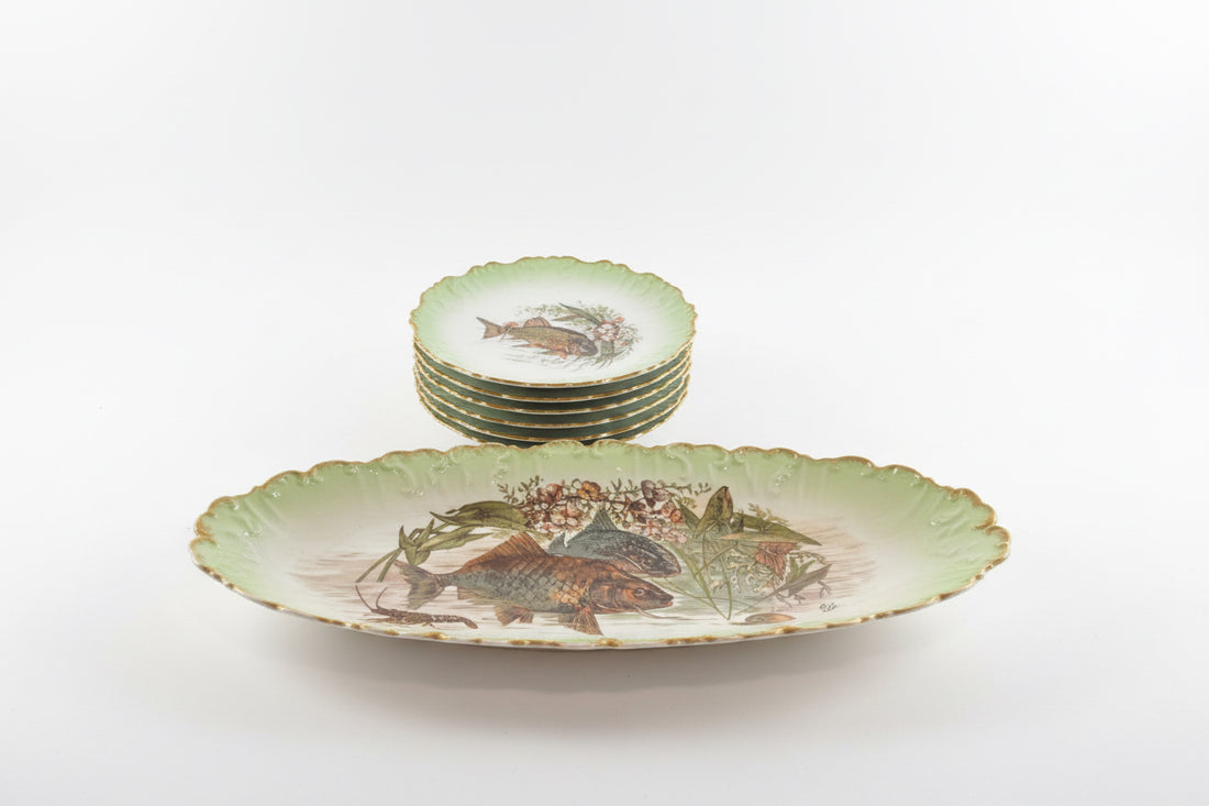 Antique fish plater and 6 plates from limoge, hand painted