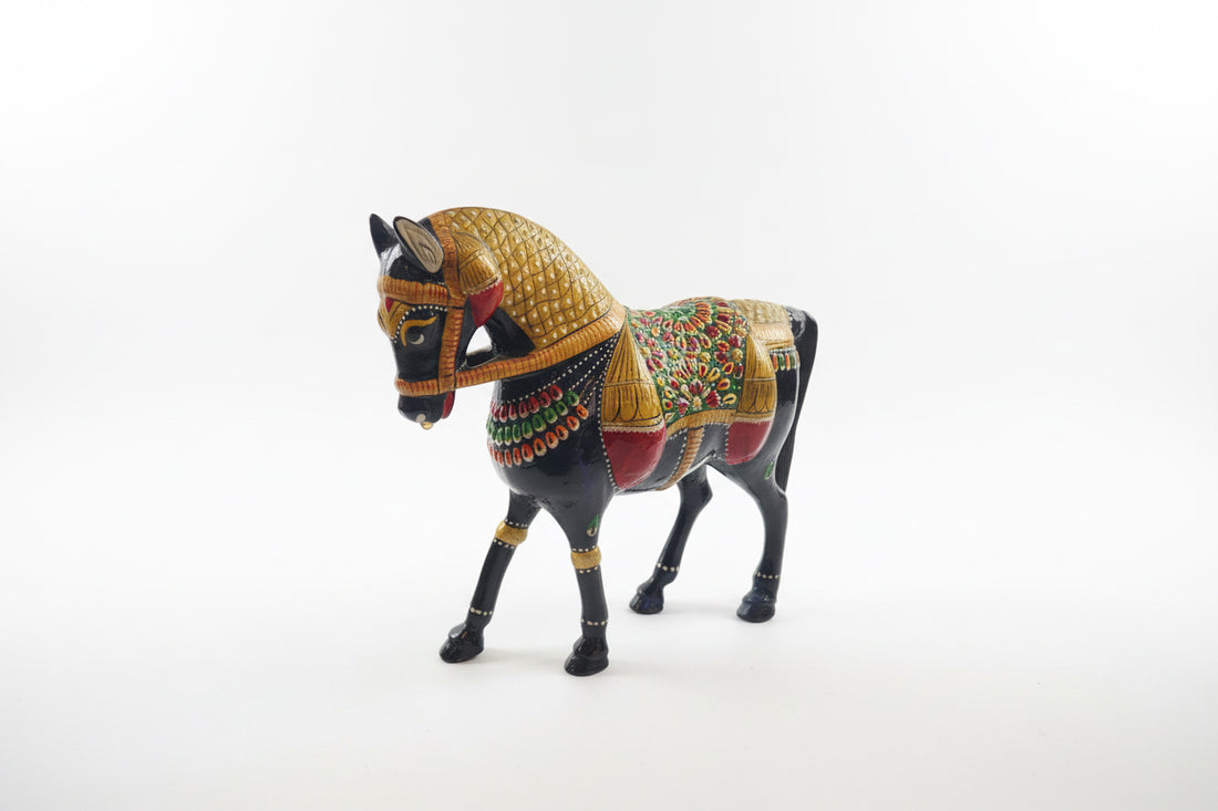 Vintage metal horse statue. Hadmade stone meenakari embossed painting art sculpture.