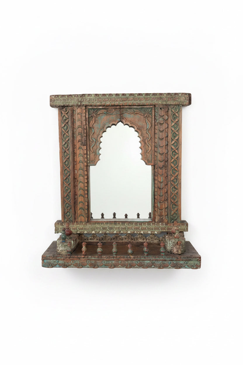 Antique Indian Carved Wood Architectural Mirror