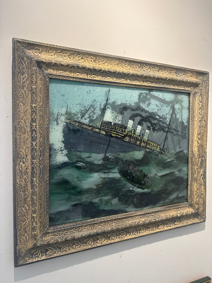 Peinture inversée ancienne du Titanic sur verre