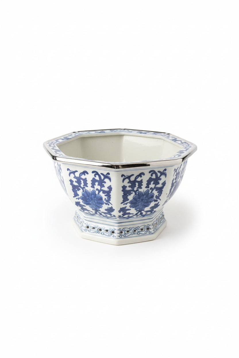 Antique Chinoiserie hexagon planter, blue and white ceramic jardiniere. Floral print