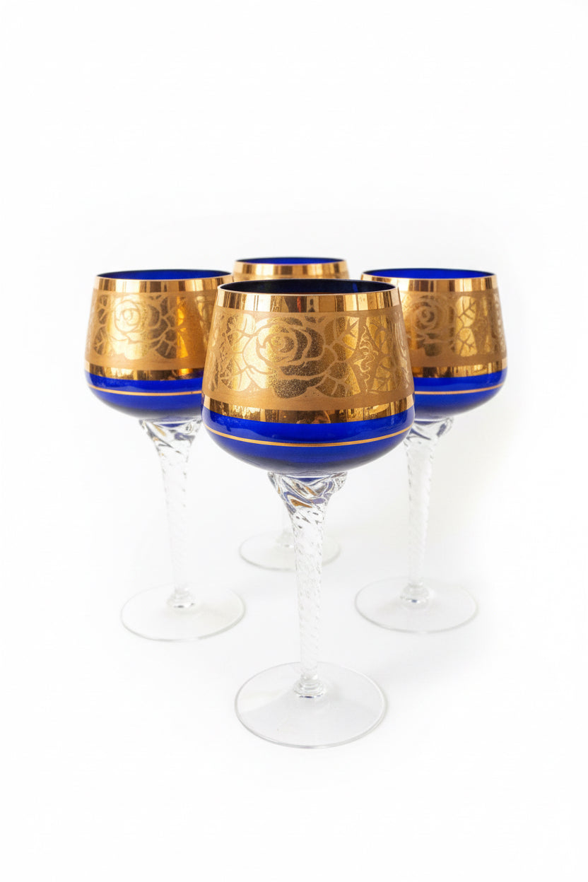 Vintage Bohemia/ Czech, gold on cobalt blue, green and red , hand painted enamel wine glass