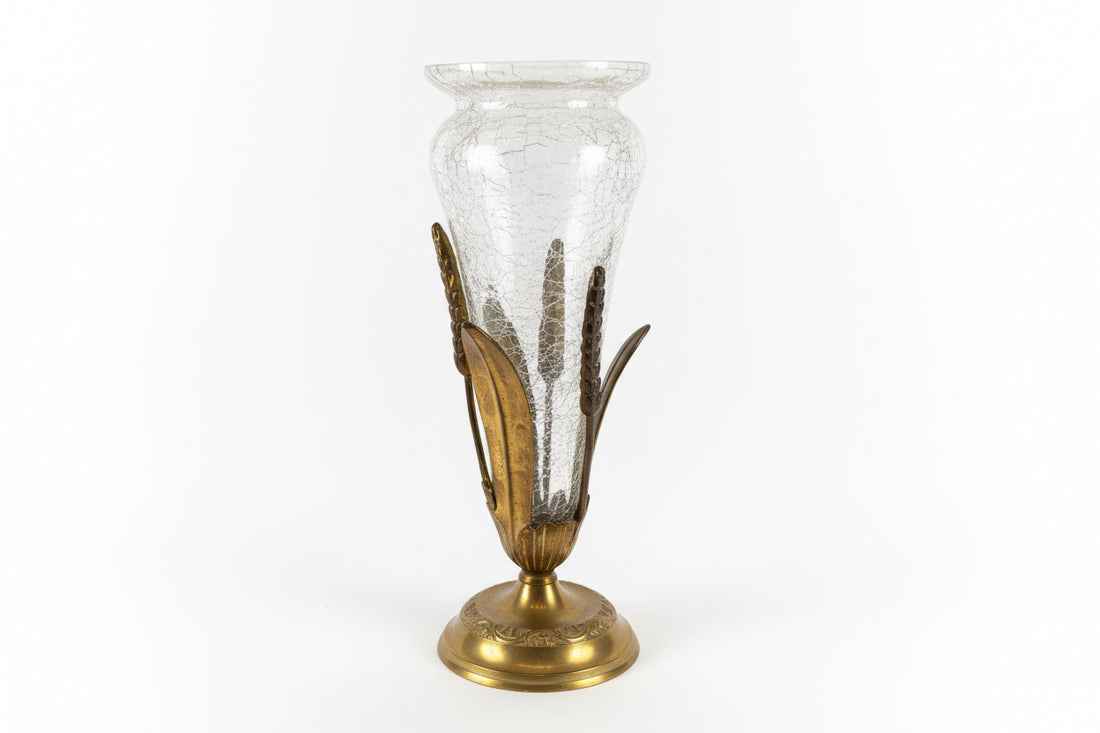Crackle Glass and Brass Vase