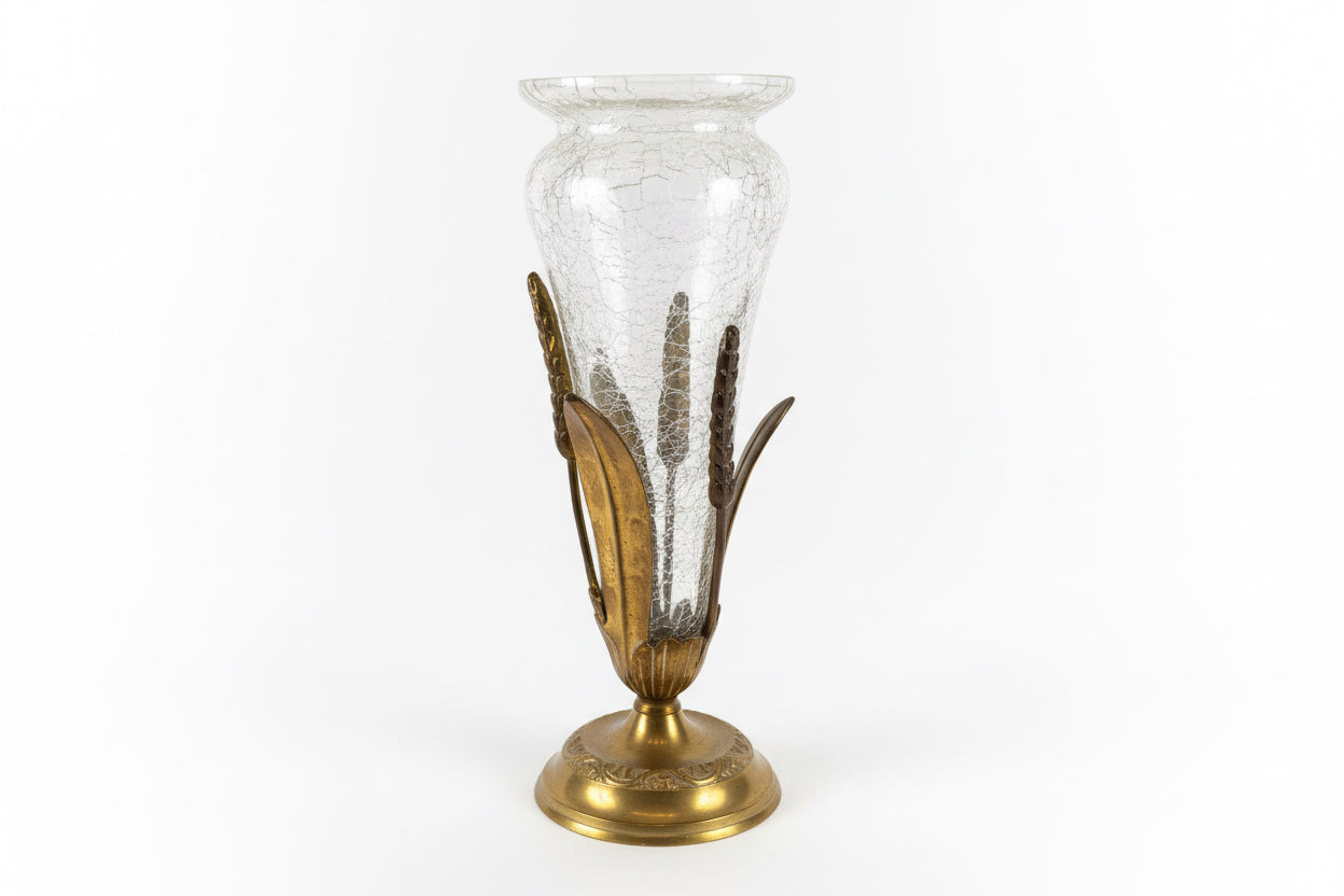 Crackle Glass and Brass Vase