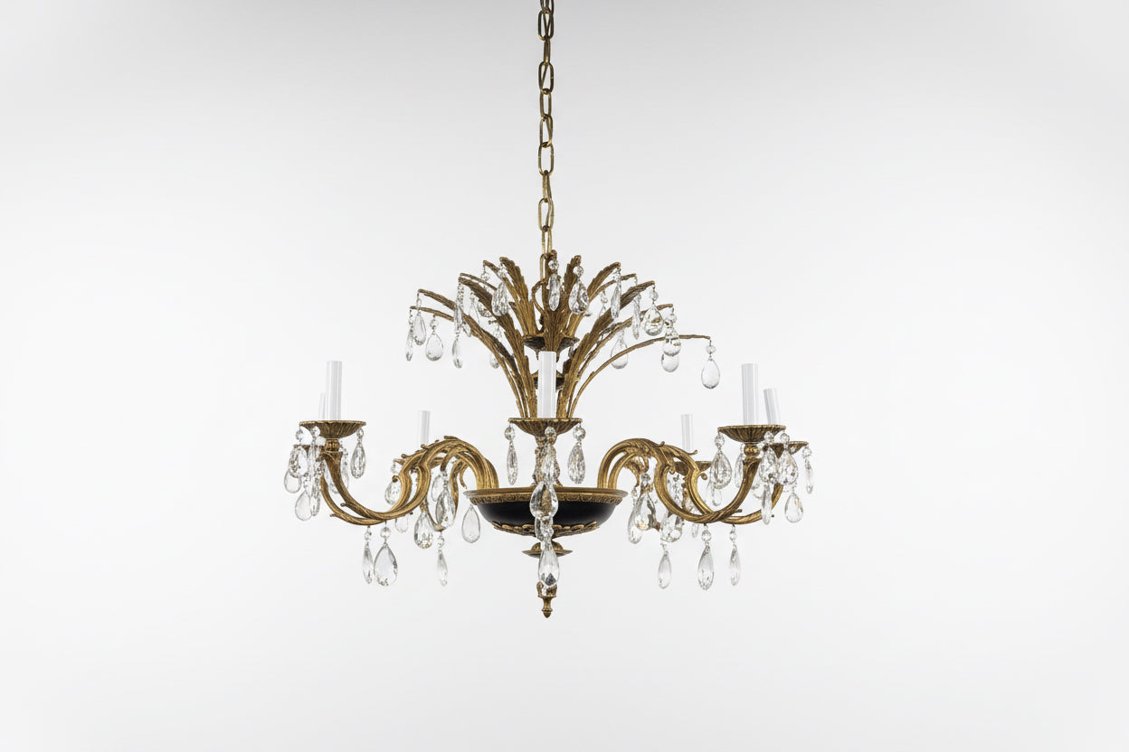 Lustre vintage en laiton massif et cristal