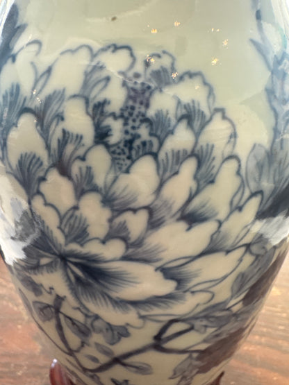 Blue and White Celadon Porcelain Peony Vase