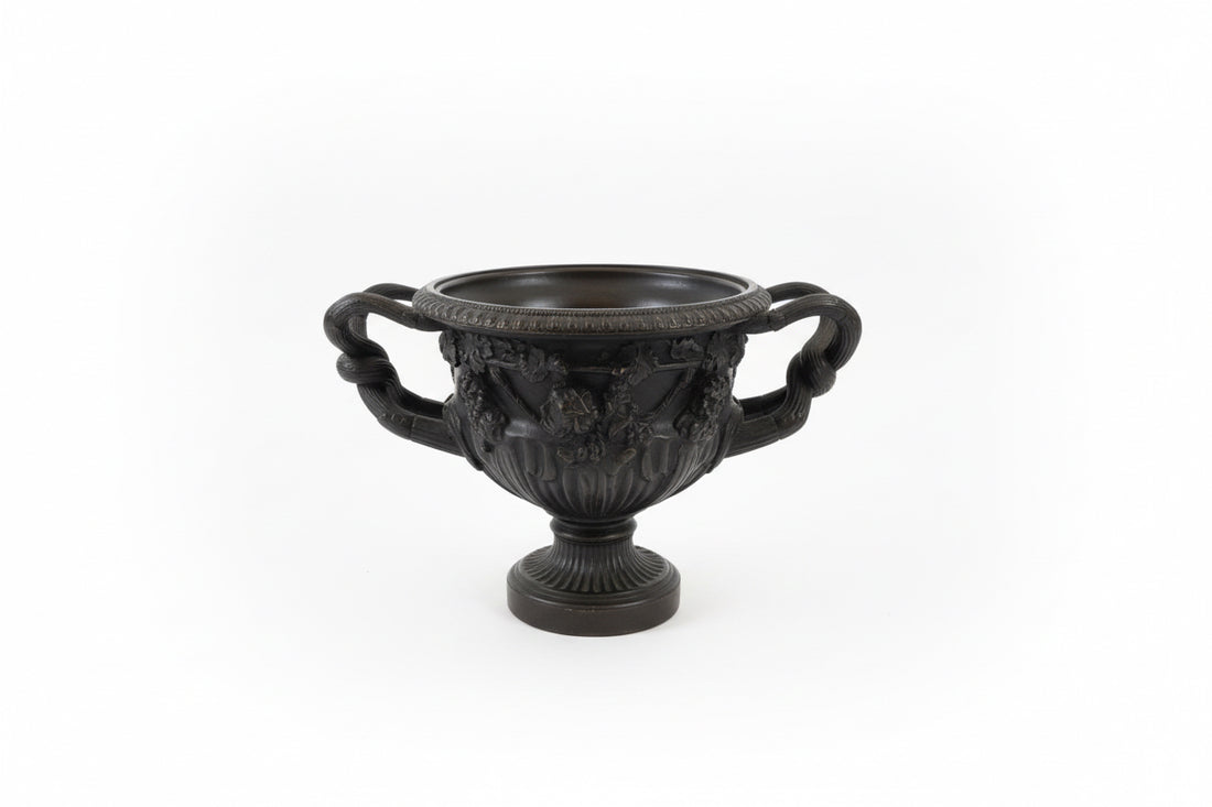 Vintage reproduction Italian Neoclassical patinated bronze urn, Warwick vase