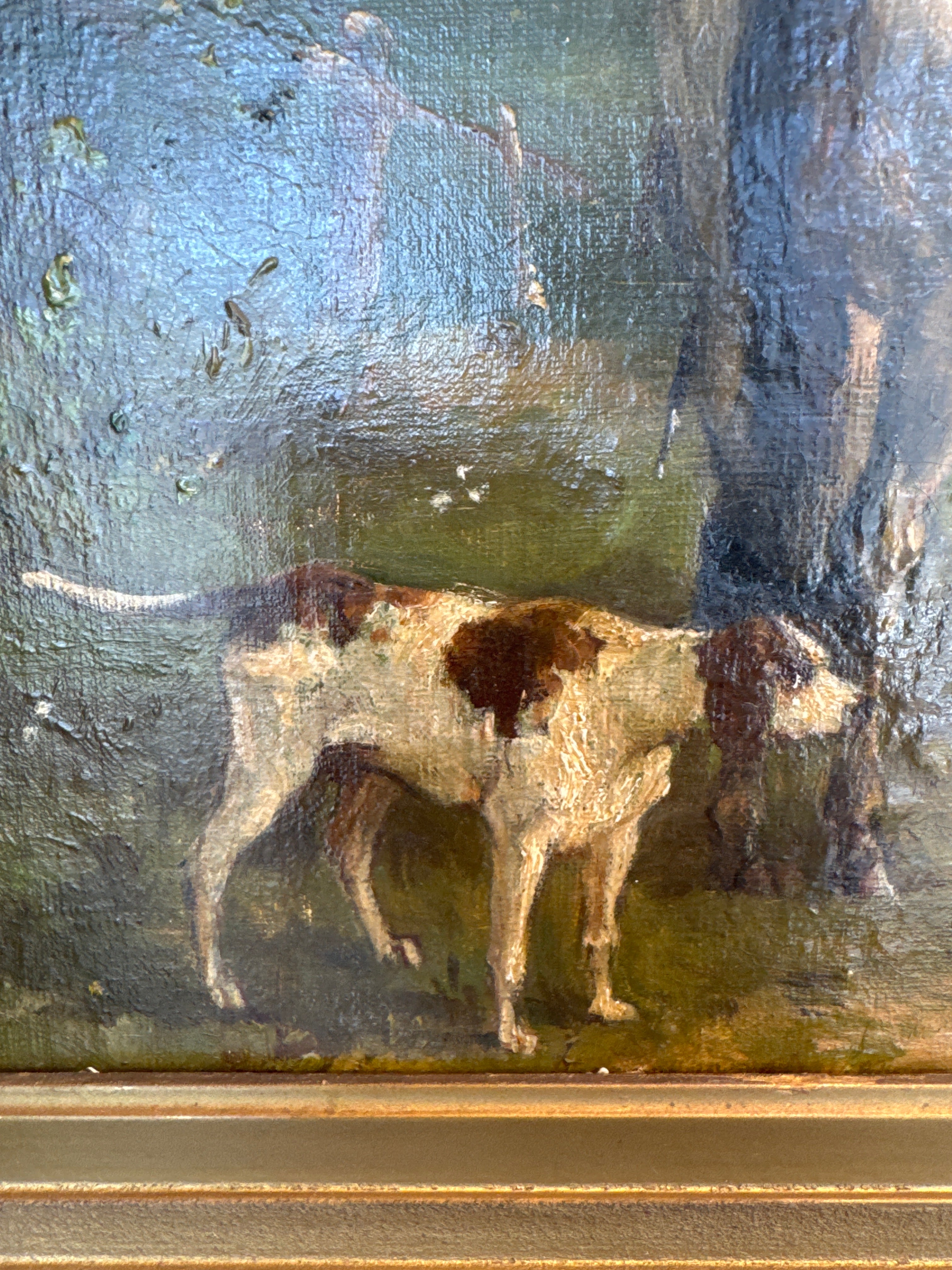 Huile sur toile vintage, cheval et chien de chasse
