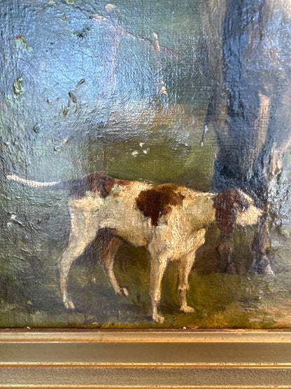 Huile sur toile vintage, cheval et chien de chasse