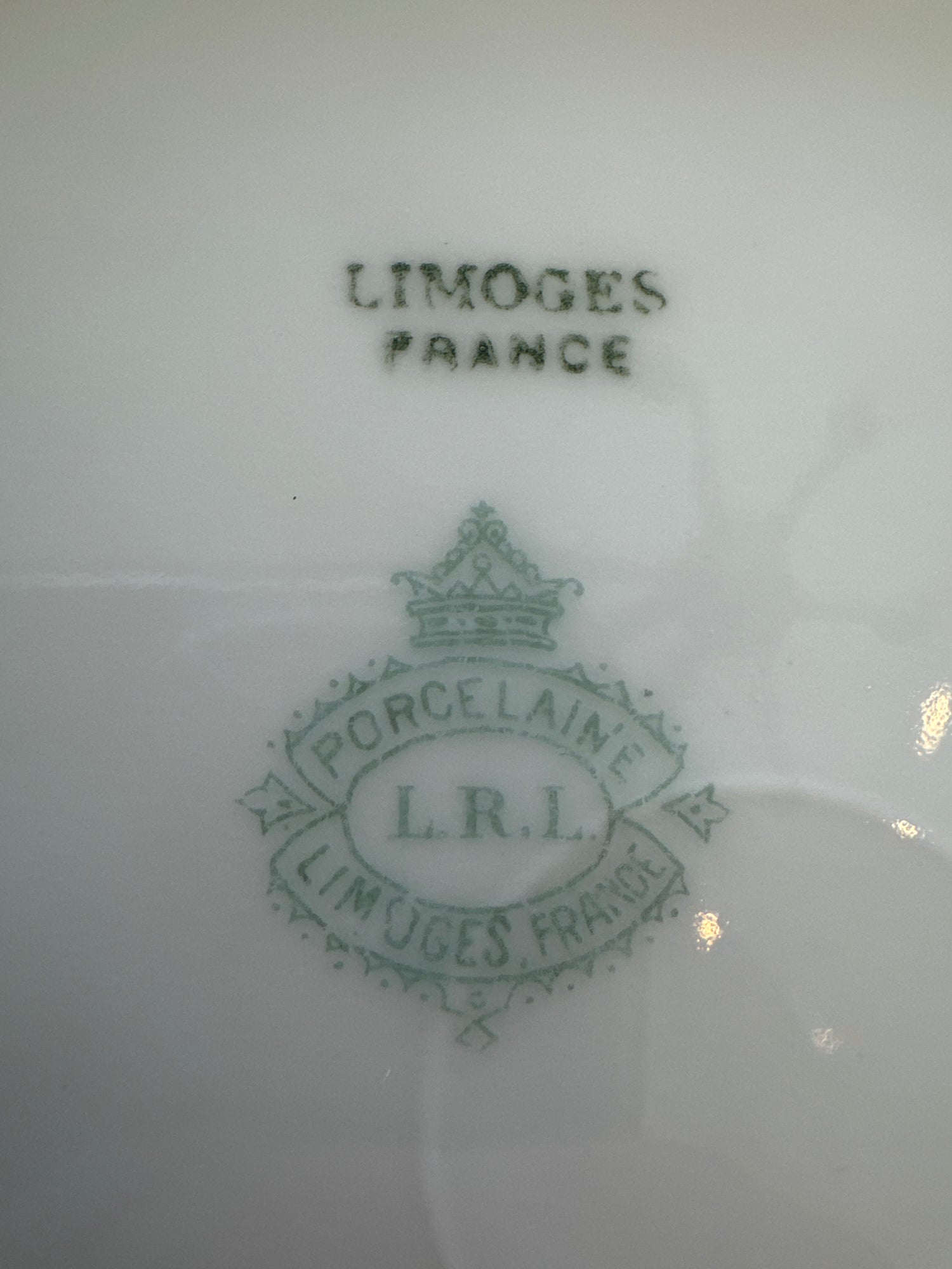 Plat de présentation et 6 assiettes à poisson anciens en porcelaine de Limoges, peints à la main