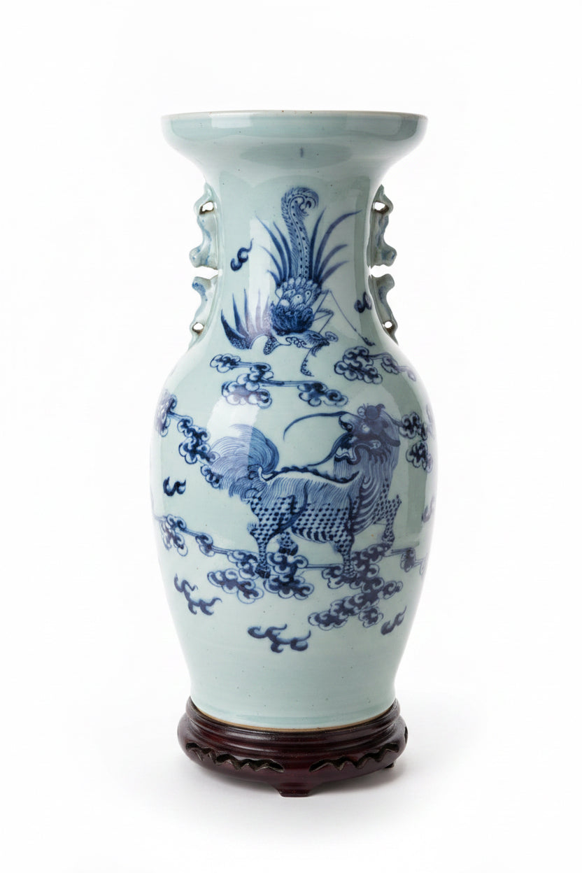 Antique Chinese Blue and White Celadon Porcelain Vase