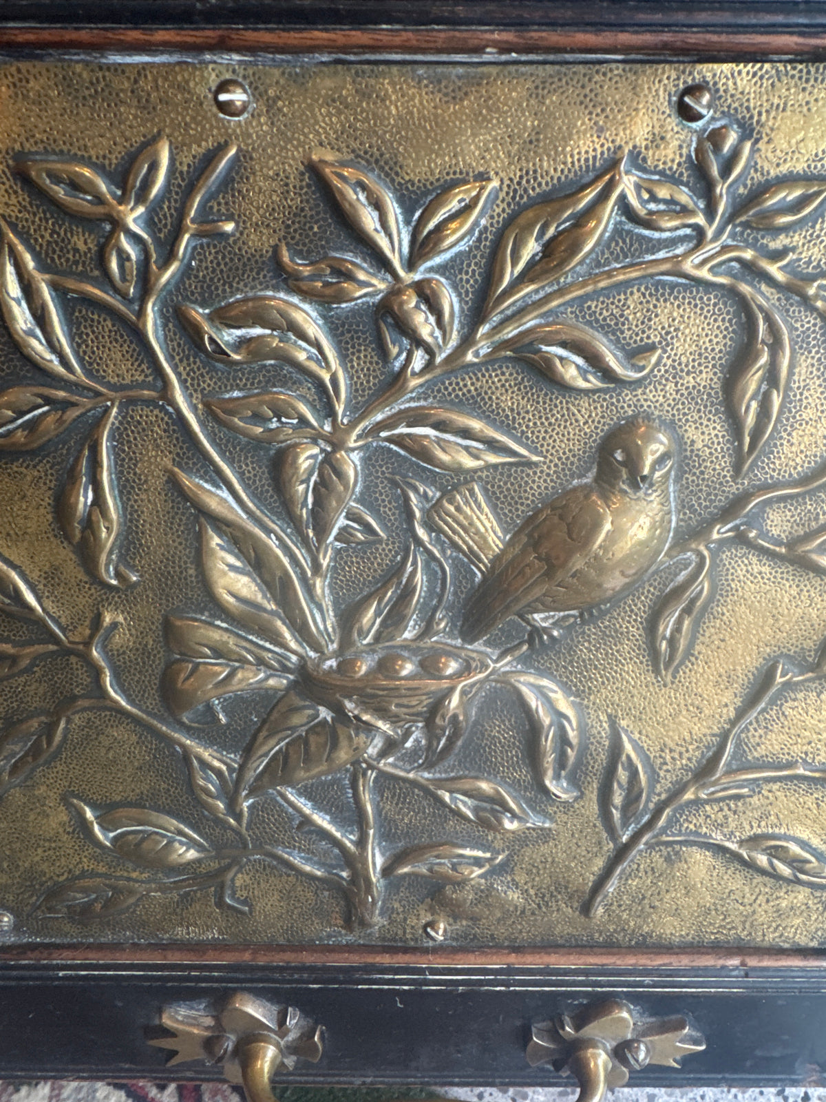 Victorian Antique Ebonized Wood Brass Coal Scuttle 1880s.