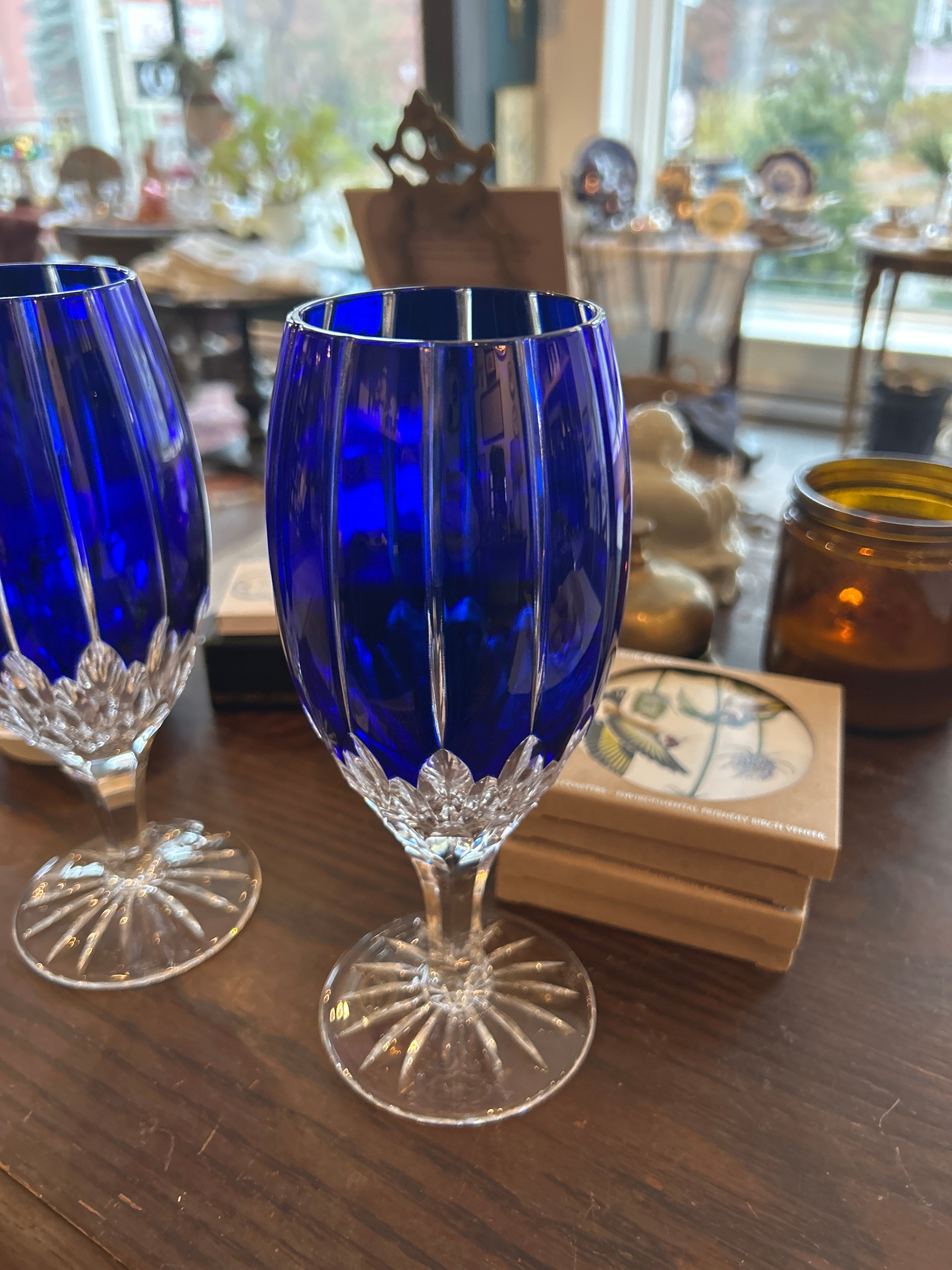 AJKA Crystal Castille Cobalt Blue Cut to Clear Iced Beverage Tea Wine Goblet 8" set of 6