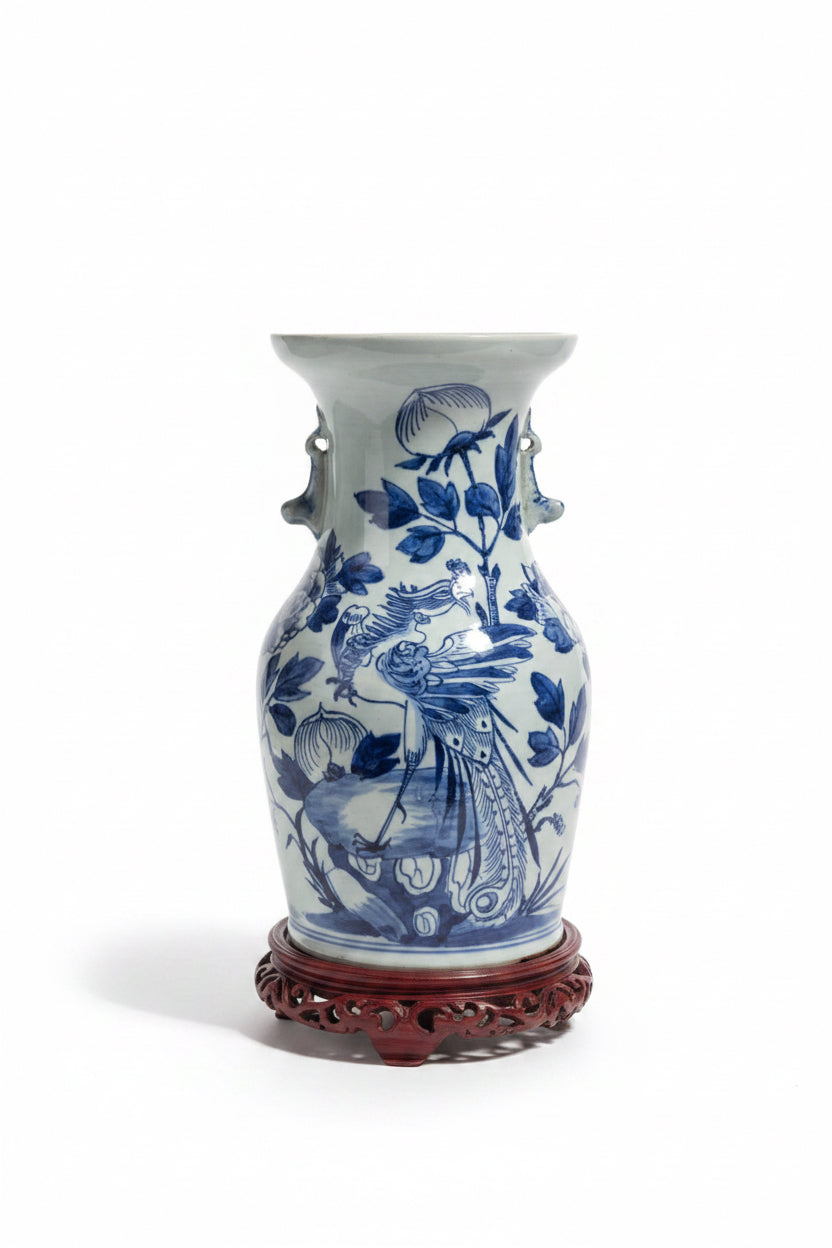 Antique Blue and White Celadon Porcelain Phoenix Vase