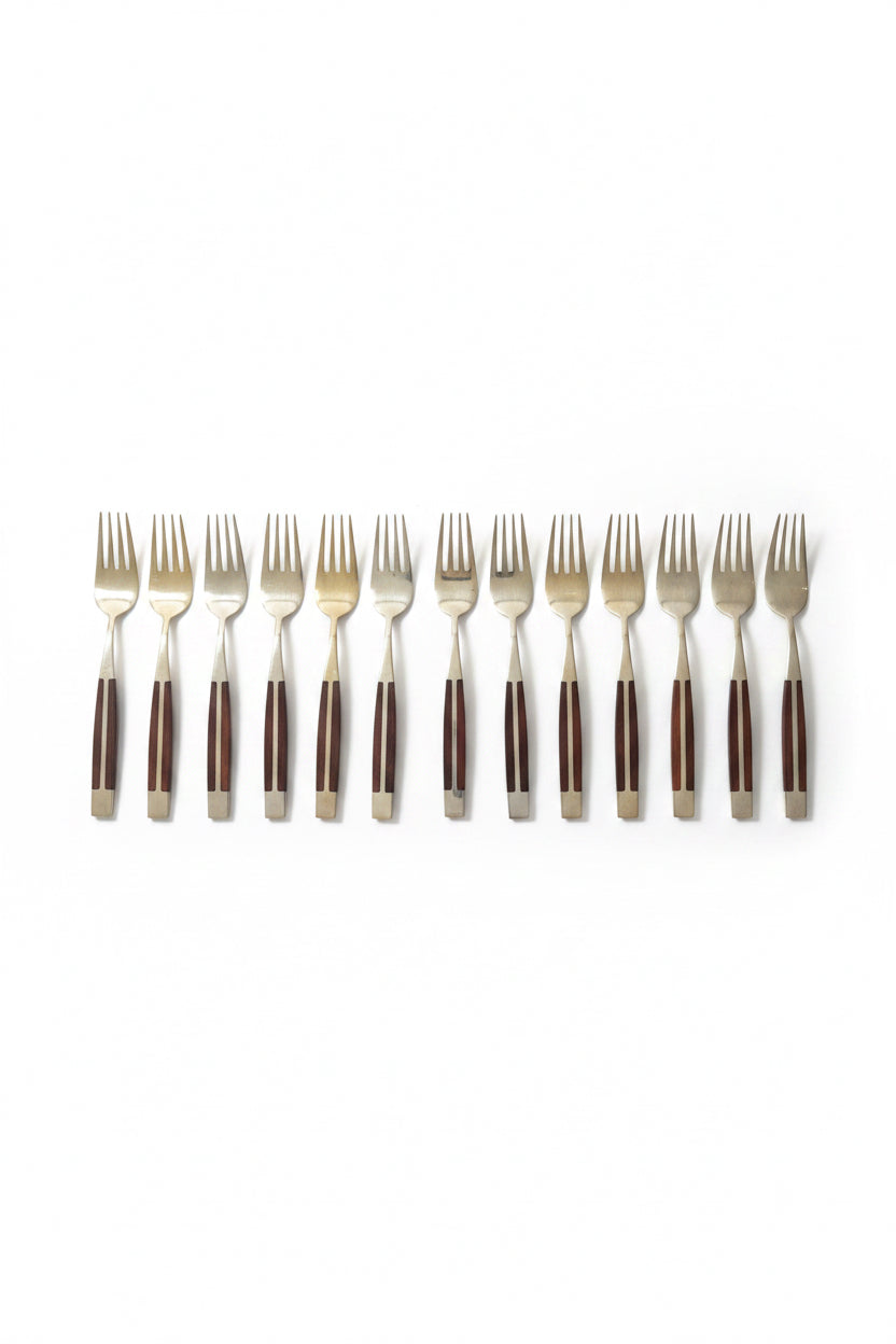 Vintage Jean-Claude Rosewood &amp;amp; Bronze Flatware Set for Twelve