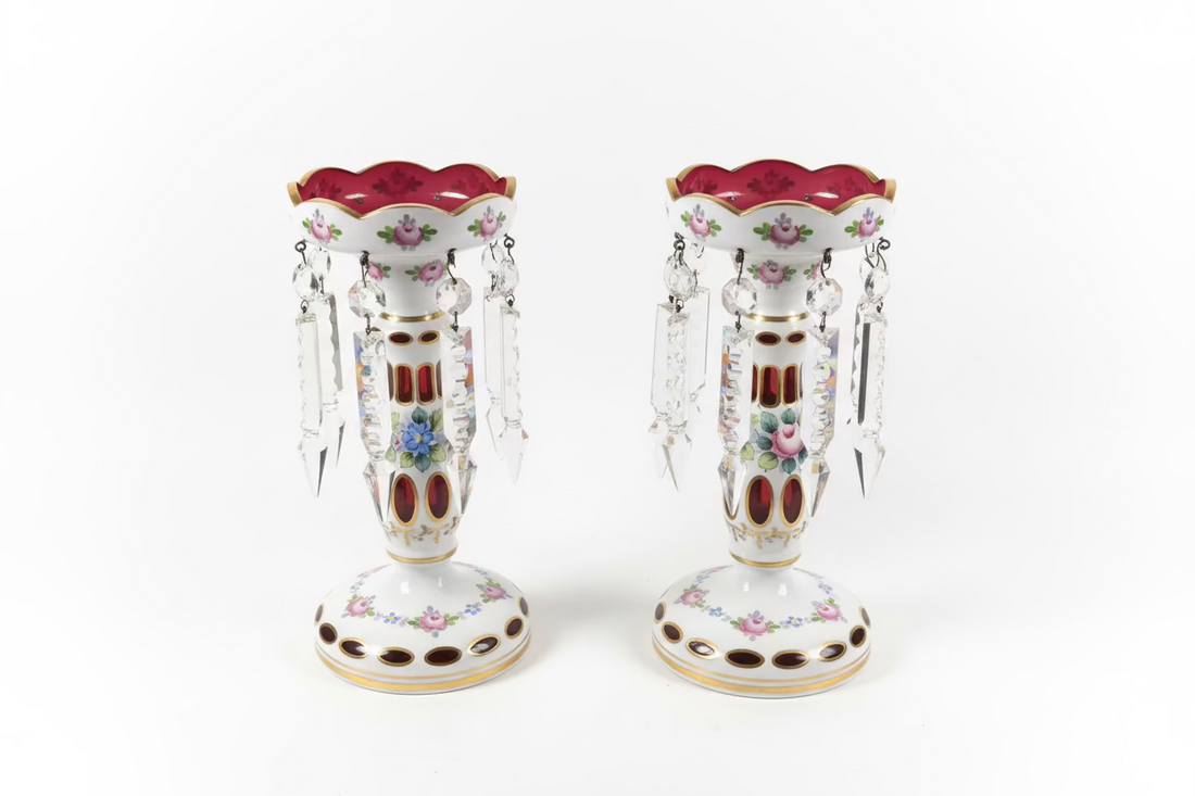 Antique cranberry glass lustres (sold as a pair)